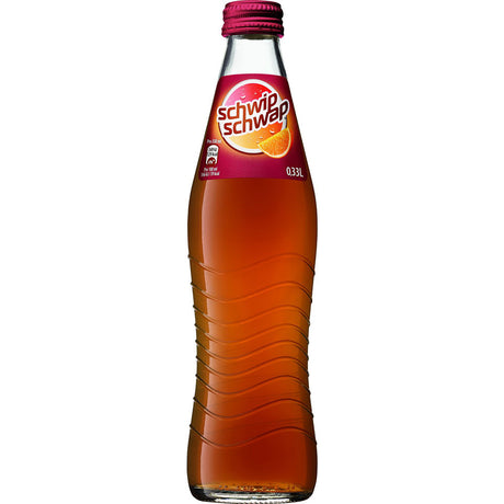 Eine 0,33L Schwip Schwap Cola Orange Limonade in einer Glasflasche mit rotem Verschluss und orangefarbenem Scheibenetikett, erhältlich als Schwip Schwap 24x 0,33 Liter (MEHRWEG).