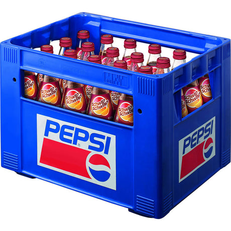 Blauer Pepsi-Kasten mit 24x 0,33L Schwip Schwap (MEHRWEG) Glasflaschen, dem erfrischenden Cola-Orange-Mixgetränk von Schwip Schwap.