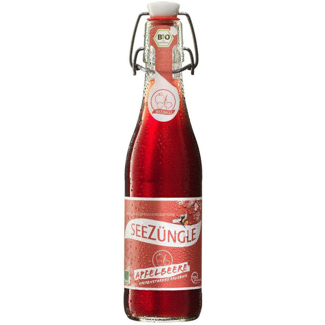 Seezüngle Apfelbeere BIO Saft (Mehrweg) in der 0,33 l Glasflasche mit Bügelverschluss und roter Flüssigkeit aus Bodenseeäpfeln und Bio-Beeren, erhältlich im 11er-Pack.