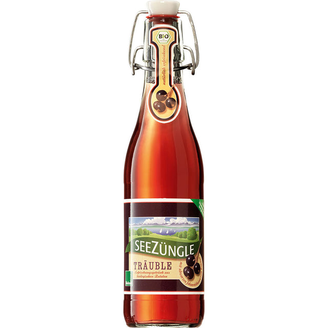 Eine Seezüngle Träuble 0,33L Mehrweg Glasflasche mit Bügelverschluss und Traubenetikett liefert pure Erfrischung und Heldenenergie. Verkauft im 11er-Pack von Seezüngle.