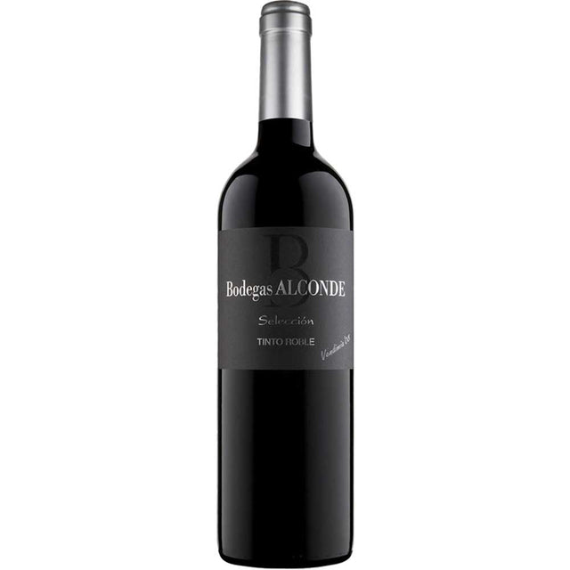 Eine Flasche Bodegas Alconde Seleccion Tinto Roble 2022 Rotwein, mit dunklem Etikett und silberner Halsfolie, hergestellt in Navarra aus alten Garnacha-Reben von Bodegas Alconde für ein ausdrucksstarkes Rotweinerlebnis.