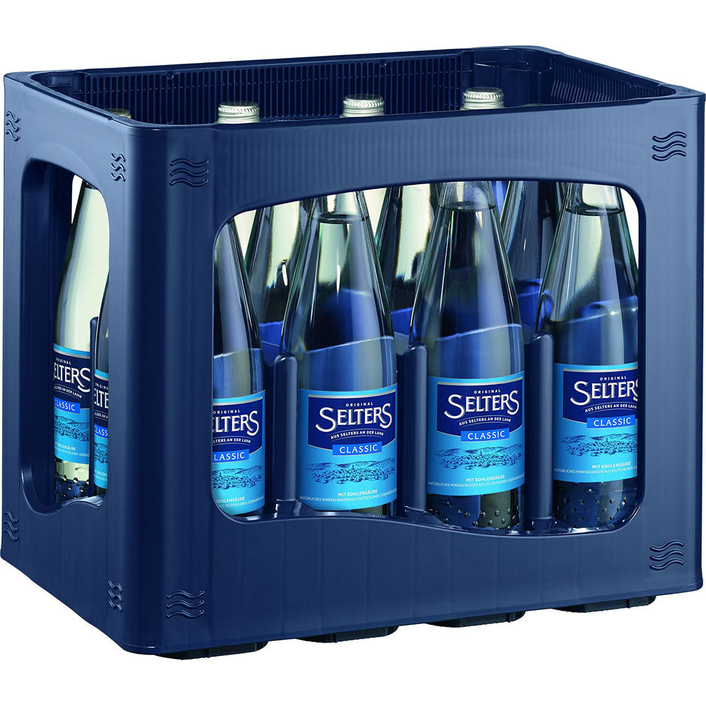 Blaue Kiste mit 12 x 0,75 l Glasflaschen Selters Mineralwasser Classic N2 (MEHRWEG), mit blauen Etiketten und prickelndem Geschmack.
