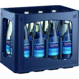 Blaue Kiste mit 12 x 0,75 l Glasflaschen Selters Mineralwasser Classic N2 (MEHRWEG), mit blauen Etiketten und prickelndem Geschmack.