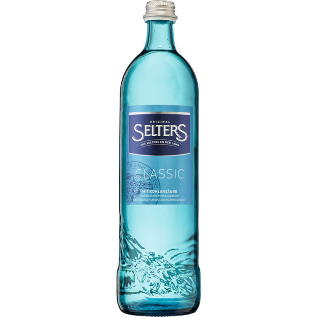 Selters Mineralwasser Gastro Classic 0,75L in der blauen Glasflasche mit Wellendesign, ideal als erfrischender Weinbegleiter. Erhältlich in 12x Mehrweg-Packungen.