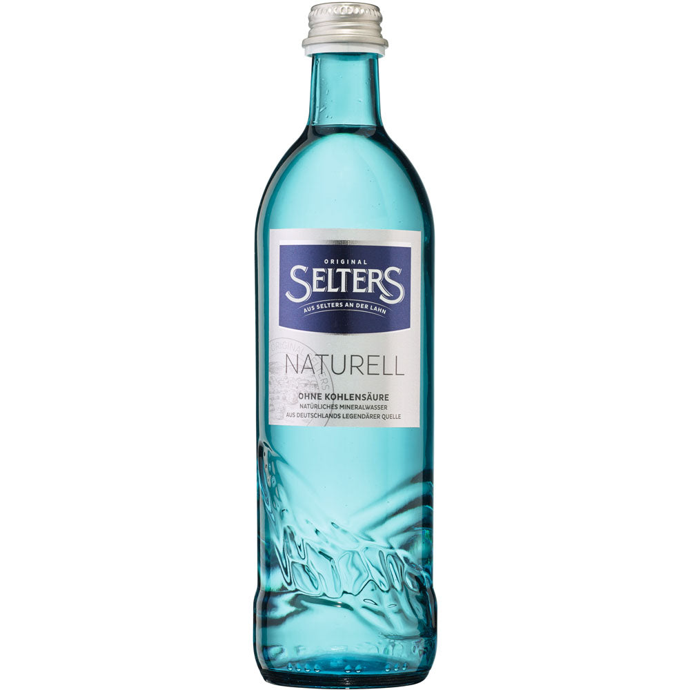Selters Mineralwasser Gastro Naturell 0,5L MEHRWEG: Premium natürliches Mineralwasser in blauer Glasflasche mit silbernem Verschluss und Etikett - ideal im 20er-Kasten.
