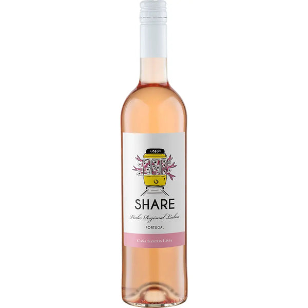 Eine Flasche Casa Santos Lima Share Cascata Vinho Rosé 2024 mit einem Etikett von Casa Santos Lima, auf dem eine gelbe Straßenbahn und rosa Blumen abgebildet sind.