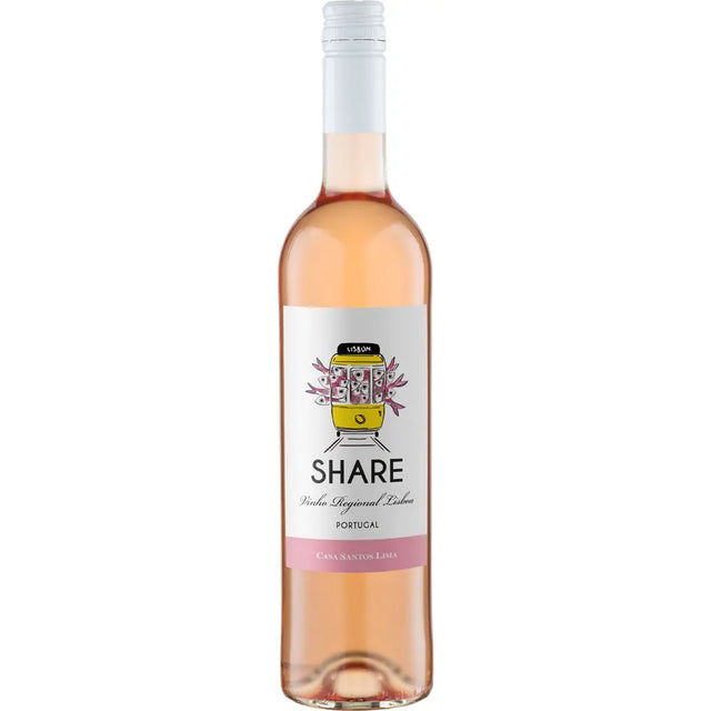 Eine Flasche Casa Santos Lima Share Cascata Vinho Rosé 2024 mit einem Etikett von Casa Santos Lima, auf dem eine gelbe Straßenbahn und rosa Blumen abgebildet sind.