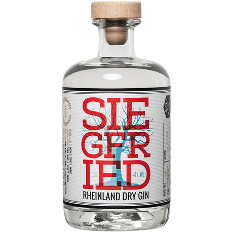 Siegfried Rheinland Dry Gin 41% 0,5L von Rheinland Distillers hat einen Holzverschluss und ein rotes Etikett, das deutsche Handwerkskunst zeigt - ideal für Premium-Gin-Liebhaber.