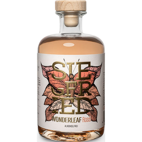 Eine klare Flasche Siegfried Wonderleaf Rosé alkoholfrei 0,5 Liter von Rheinland Distillers, mit dekorativem Etikett und Holzkappe.
