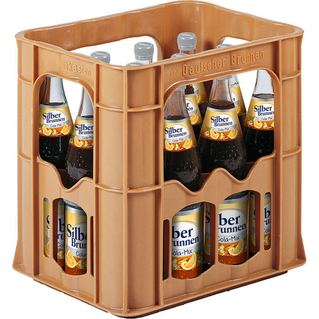 Eine braune Plastikkiste enthält zwölf 0,7-Liter-Flaschen Silberbrunnen Cola Mix (Mehrweg), ein erfrischendes Getränk aus Silberbrunnen.