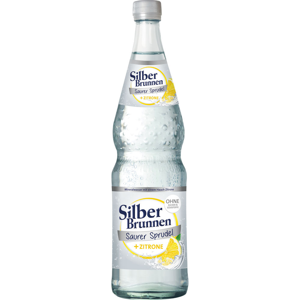 Eine Flasche Silberbrunnen saurer Sprudel + Zitrone 0,7L (MEHRWEG), ein Sprudelwasser mit Zitronengeschmack aus Silberbrunnen, mit einer Zitronenscheibe auf dem Etikett.
