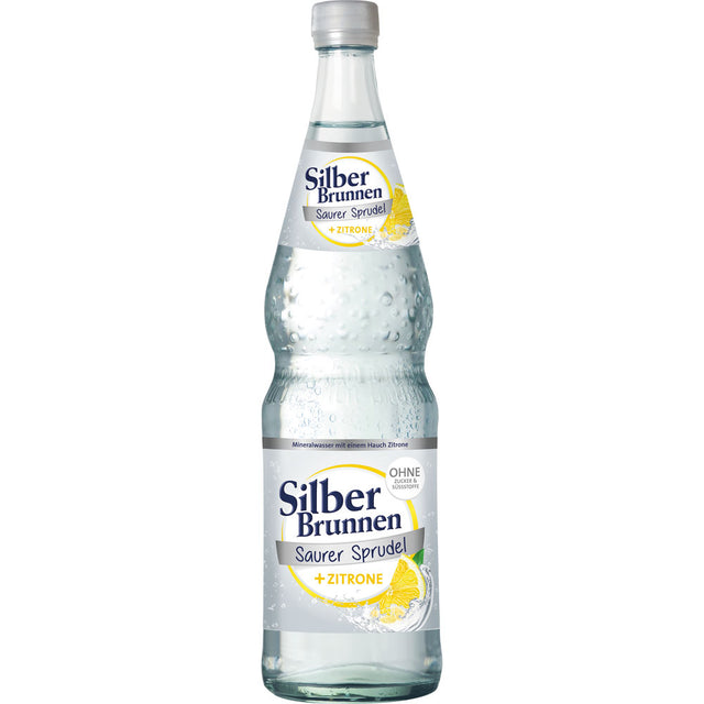 Eine Flasche Silberbrunnen saurer Sprudel + Zitrone 0,7L (MEHRWEG), ein Sprudelwasser mit Zitronengeschmack aus Silberbrunnen, mit einer Zitronenscheibe auf dem Etikett.
