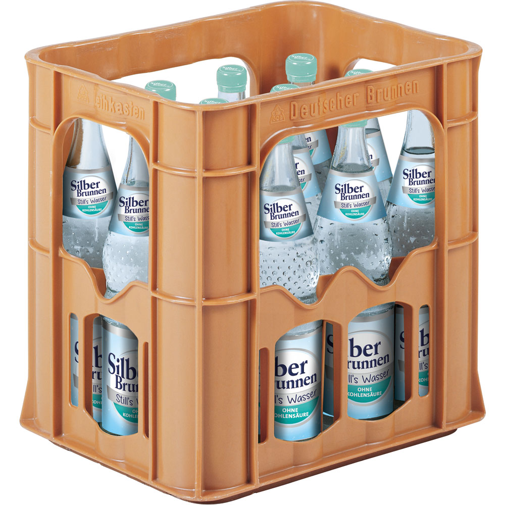 Eine braune Kunststoffkiste mit 12 klaren Flaschen Silberbrunnen Still 0,7L Mineralwasser MEHRWEG, angereichert mit Magnesium und Calcium, mit blauen und weißen Etiketten.
