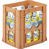 Eine braune Kiste mit zwölf 0,7-Liter-Flaschen Silberbrunnen Süßer Sprudel Zitrone (Mehrweg) - das klassische Erfrischungsgetränk mit Zitronengeschmack, perfekt für ein Schwäbisches Radler oder als erfrischende prickelnde Limonade.