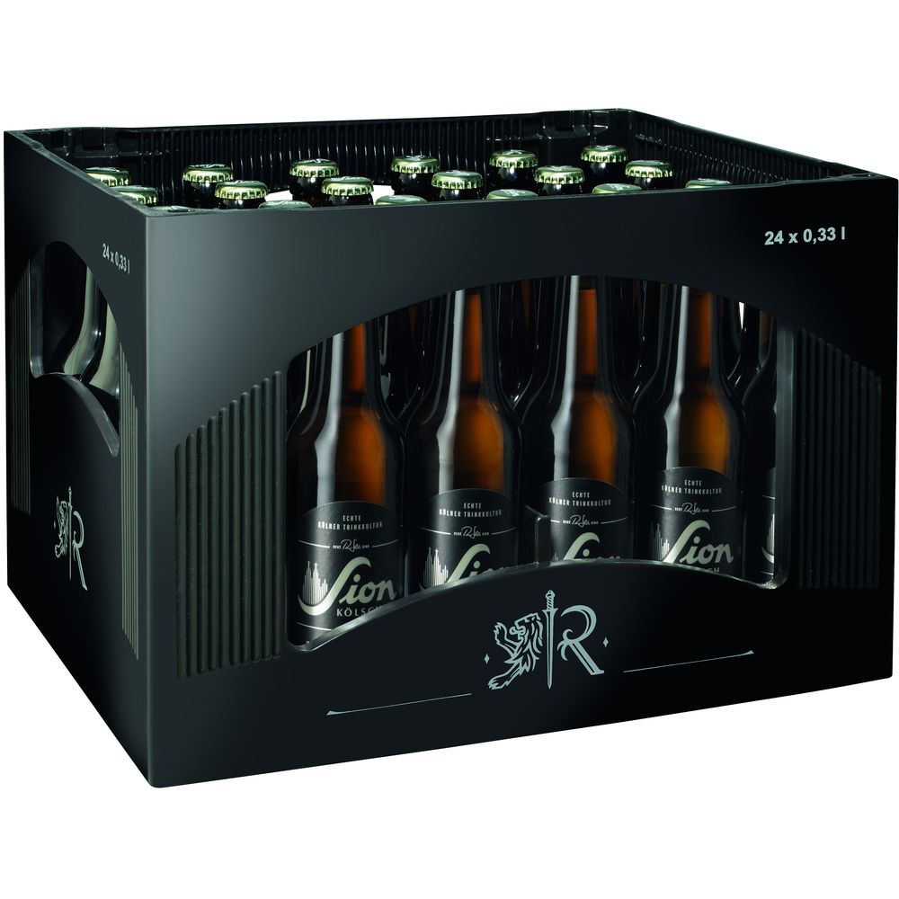 Eine schwarze Kiste mit 24 Braunglasflaschen (0,33L, Mehrweg), Sion Kölsch-eine echte rheinische Bierspezialität, die Kölner Braukunst feiert.