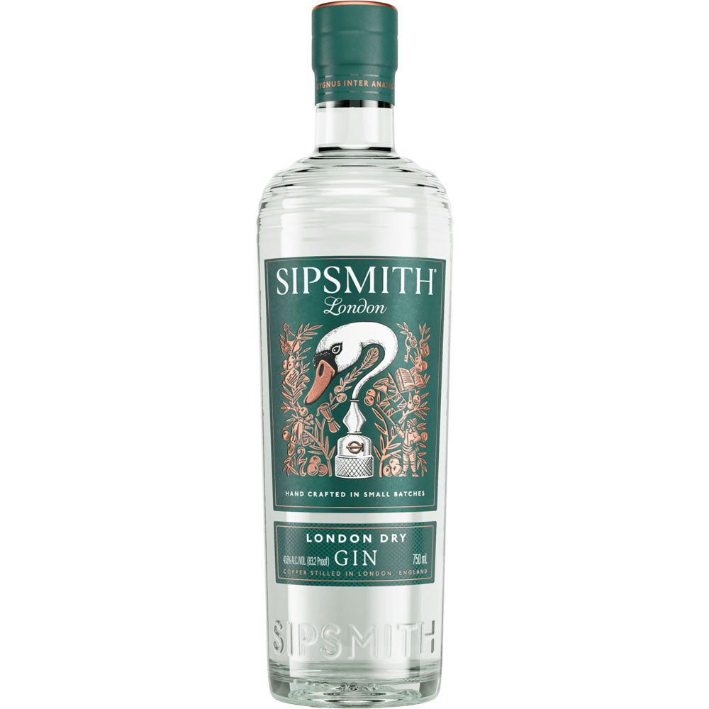 Eine 0,7-Liter-Flasche Sipsmith London Dry Gin (41,6%) von Sipsmith Gin mit einem grünen Etikett mit einem stilisierten Schwan, der das Handwerk hinter diesem handwerklichen Gin hervorhebt.