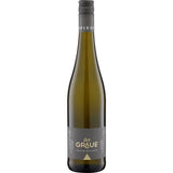 Eine Flasche Weingut Spiess Grauburgunder Der Graue trocken 2024, ein deutscher Weißwein, der sich durch sein dunkles Etikett und den Schraubverschluss auszeichnet.