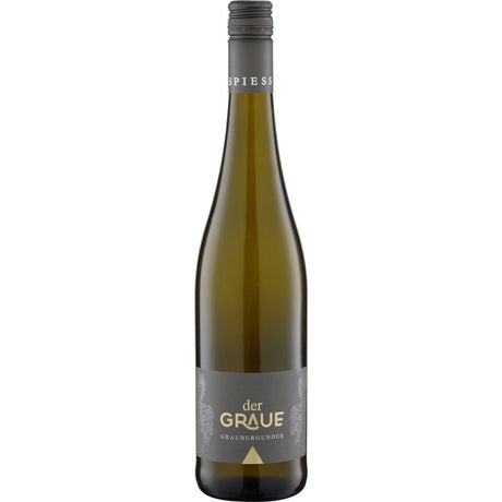 Eine Flasche Weingut Spiess Grauburgunder Der Graue trocken 2024, ein deutscher Weißwein, der sich durch sein dunkles Etikett und den Schraubverschluss auszeichnet.