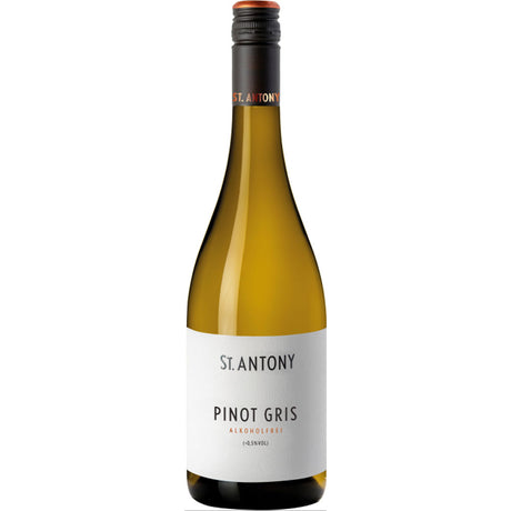 Eine Flasche St. Antony Pinot Gris alkoholfrei Weißwein von St. Antony mit weißem Etikett und schwarzem Verschluss.