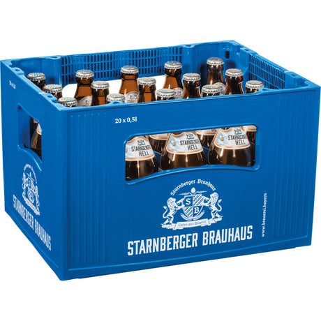 Ein blauer Kasten enthält 20 Braunglasflaschen Starnberger Hell 0,5L (MEHRWEG), ein klassisches Bier der Marke Starnberger.