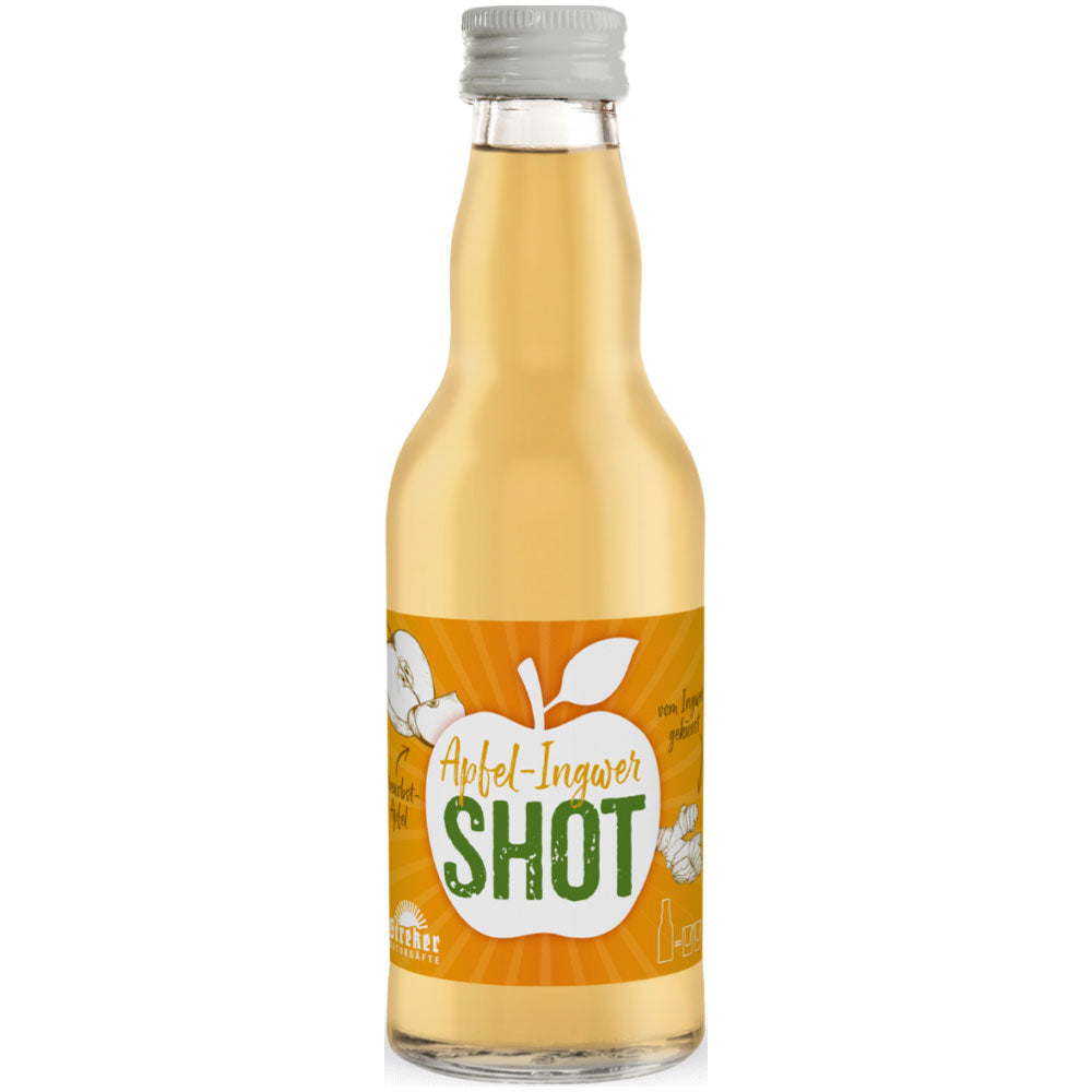 Der Streker Apfel-Ingwer-Shot 8x 0,2 Liter (EINWEG) präsentiert sich in einer klaren Flasche mit gelbem Etikett, auf dem Äpfel und Ingwer abgebildet sind, und verspricht natürlichen Geschmack in jedem Frucht-Shot der Marke Streker.