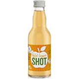 Der Streker Apfel-Ingwer-Shot 8x 0,2 Liter (EINWEG) präsentiert sich in einer klaren Flasche mit gelbem Etikett, auf dem Äpfel und Ingwer abgebildet sind, und verspricht natürlichen Geschmack in jedem Frucht-Shot der Marke Streker.