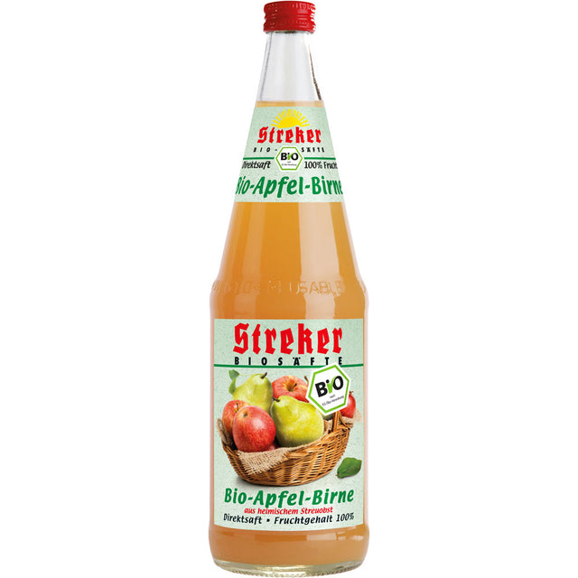 Eine 1-Liter-Glasflasche Streker BIO Apfel-Birne Direktsaft (6er-Pack, Mehrweg) mit einem Etikett mit Äpfeln und Birnen der Region Streuobst.