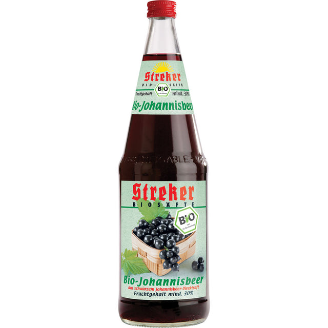 Eine 1-Liter-Glasflasche Streker BIO-Johannisbeer-Nektar schwarzer Johannisbeersaft (6er-Pack, Mehrweg) mit grünem Etikett und Abbildungen von biologischen schwarzen Johannisbeeren.