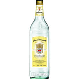 Eine Klarglasflasche Strothmann Weizenkorn 32% 0,7 Liter von Strothmann, ein klassisches deutsches Korn mit gelbem Etikett, das vor einem weißen Hintergrund steht.