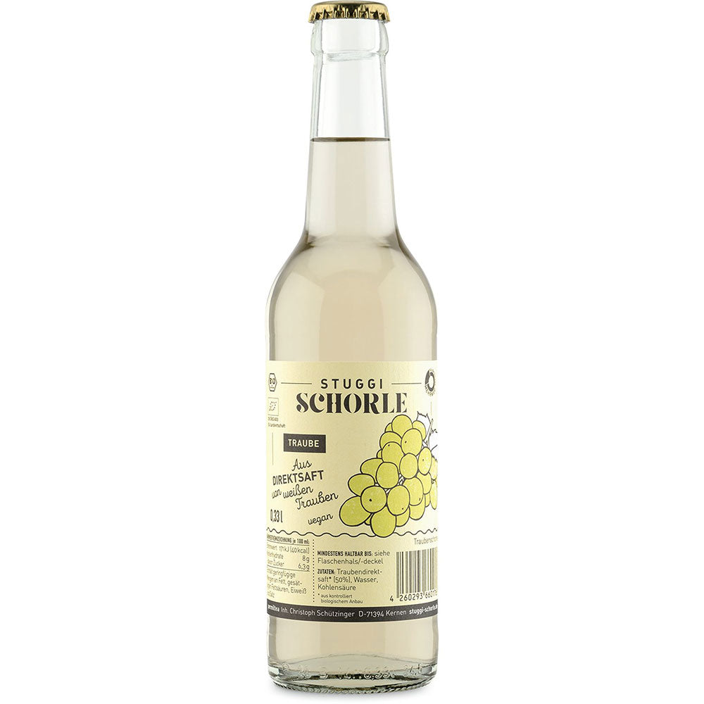 Stuggi Schorle Traube weiß BIO 24x0,33L (MEHRWEG) in einer Klarglasflasche, mit gelber Traubenabbildung und Bio-Traubensaft Direktsaft für einen frischen, natürlichen Geschmack.