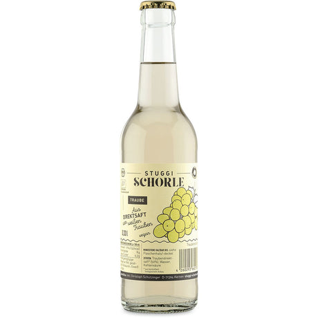 Stuggi Schorle Traube weiß BIO 24x0,33L (MEHRWEG) in einer Klarglasflasche, mit gelber Traubenabbildung und Bio-Traubensaft Direktsaft für einen frischen, natürlichen Geschmack.