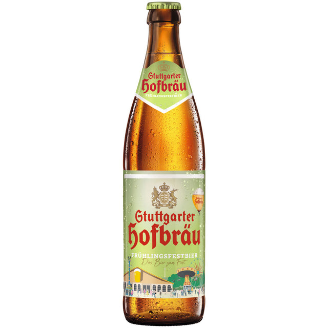 Eine braune Flasche Stuttgarter Hofbräu Frühlingsfestbier 20x 0,5 Liter (MEHRWEG) mit grün-weißem Etikett von Stuttgarter Hofbräu, speziell für das Cannstatter Frühlingsfest gebraut.