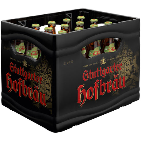 Eine schwarze Kiste Stuttgarter Hofbräu Frühlingsfestbier 20x 0,5 Liter (MEHRWEG) - das ideale Festbier von Stuttgarter Hofbräu, um mit Freunden das Cannstatter Frühlingsfest zu feiern.
