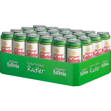 Eine Kiste mit 24 Dosen (je 0,5l) Stuttgarter Hofbräu Naturtrübes Radler (EINWEG), dem veganen Durstlöscher von Stuttgarter Hofbräu, perfekt für erfrischende Momente.