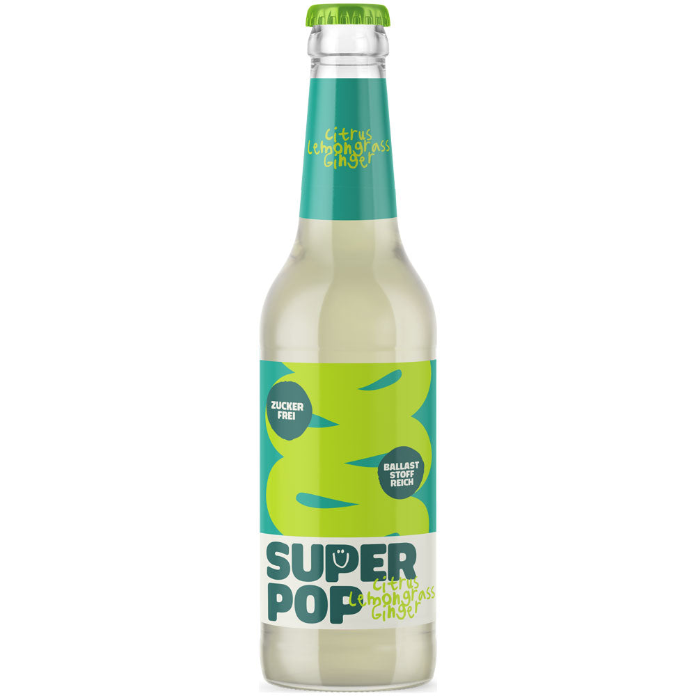 Eine Klarglasflasche Super Pop Citrus-Lemongrass-Ginger 24x0,33L (MEHRWEG) von Super Pop mit grünem und blauem Etikett und Verschluss.