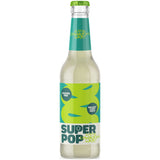 Eine Klarglasflasche Super Pop Citrus-Lemongrass-Ginger 24x0,33L (MEHRWEG) von Super Pop mit grünem und blauem Etikett und Verschluss.