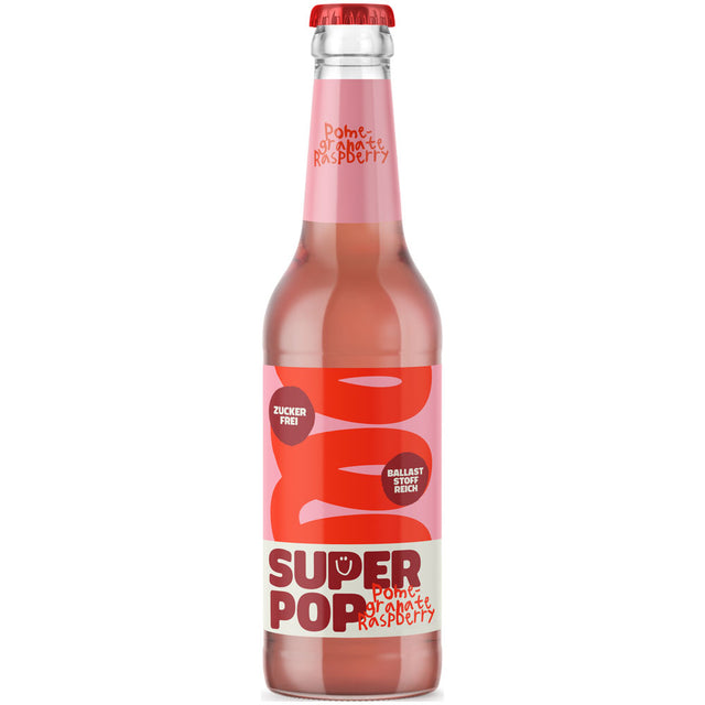 Eine durchsichtige Flasche Super Pop Granatapfel-Himbeer Limonade (24x 0,33 l Mehrweg) von Super Pop mit rotem Verschluss und rosa Etikett.