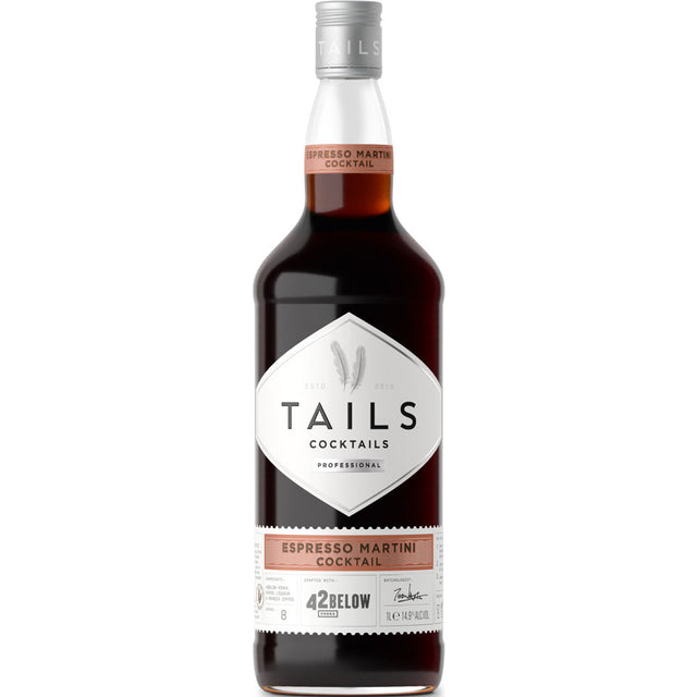 Eine 1-Liter-Flasche Tails Cocktails Espresso Martini Cocktail (14,9%), hergestellt mit erstklassigem Arabica-Kaffee für einen reichen, weichen Geschmack.