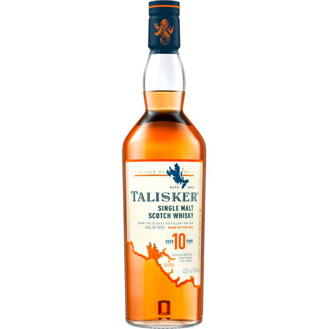 Eine 0,7-Liter-Flasche Talisker 10 Jahre Single Malt Scotch Whisky (45,8%) mit blauem Verschluss und weißem Etikett von der Isle of Skye.