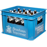 Blaue Kiste Tegernseer Hell 20x 0,5L (Mehrweg), ein klassisches bayerisches Helles Lagerbier der Marke Tegernseer, mit dem Logo der Brauerei und dem Branding aus dem Tegernseer Tal.