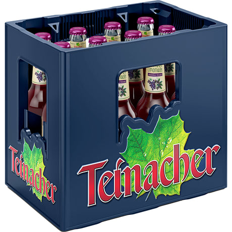 Eine blaue Teinacher Mineralwasser-Kiste enthält 12 x 0,33l-Flaschen Teinacher Genuss-Limo Johannisbeer-Holunder (MEHRWEG) mit lila Verschlüssen, Zitronen-Etiketten und einem erfrischenden Schwarzwald-Aroma.