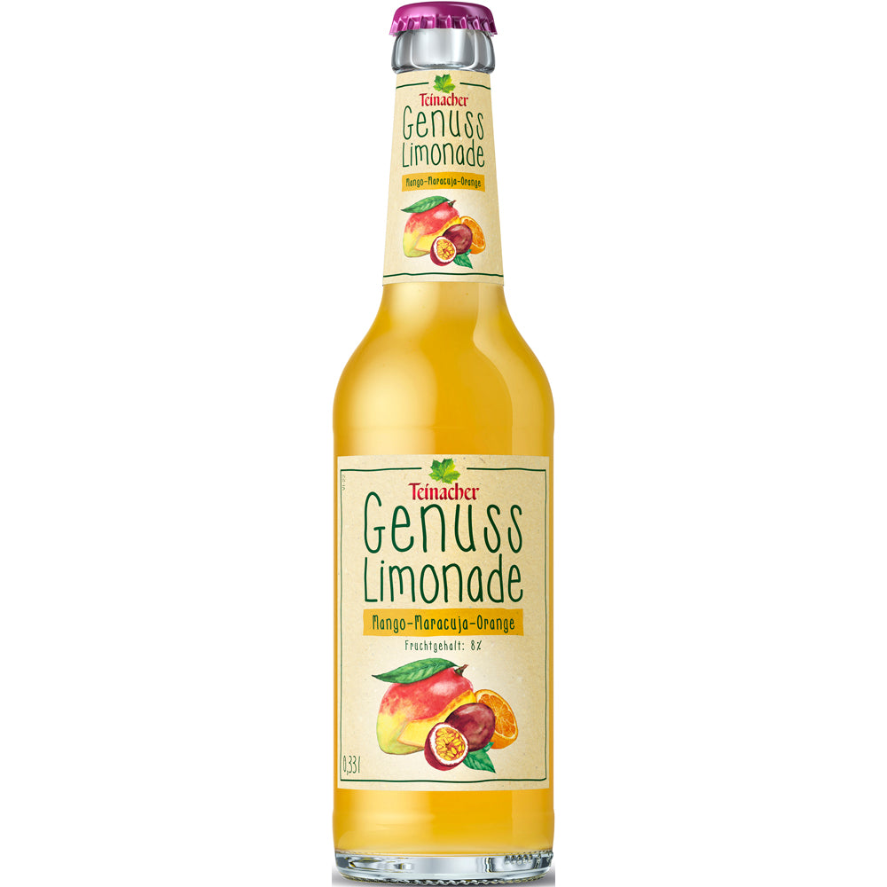 Eine 0,33-Liter-Flasche Teinacher Mineralwasser Genuss-Limo Mango-Maracuja-Orange (MEHRWEG) mit Frucht-Etikett aus dem Schwarzwald - verkauft im 12er-Pack.
