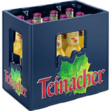 Eine blaue Kiste mit der Aufschrift Teinacher Mineralwasser enthält 12 Glasflaschen (0,33 l MEHRWEG) Teinacher Genuss-Limo Mango-Maracuja-Orange mit gelber Flüssigkeit und lila Verschlusskappen für einen erfrischenden, vom Schwarzwald inspirierten Geschmack.