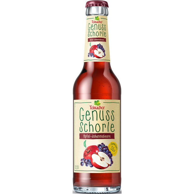 Eine Flasche Teinacher Genuss-Schorle Apfel-Johannisbeer 0,33L (MEHRWEG) von Teinacher Mineralwasser, hergestellt mit natürlichem Mineralwasser und Apfel-Johannisbeer-Aromen, mit Fruchtbildern auf dem Etikett.