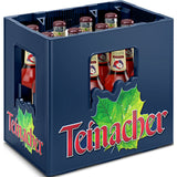 Eine blaue Kiste Teinacher Mineralwasser mit grünem Blatt-Logo und rotem Teinacher-Schriftzug, die 12x 0,33L Flaschen Teinacher Genuss-Schorle Apfel-Johannisbeer (MEHRWEG) enthält.