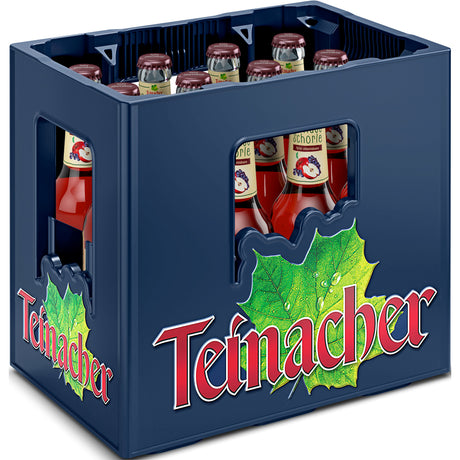 Eine blaue Kiste Teinacher Mineralwasser mit grünem Blatt-Logo und rotem Teinacher-Schriftzug, die 12x 0,33L Flaschen Teinacher Genuss-Schorle Apfel-Johannisbeer (MEHRWEG) enthält.
