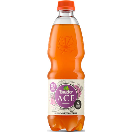 Eine Flasche Teinacher ACE Spritzig PET 0,5L (Mehrweg) von Teinacher Mineralwasser, mit orangefarbenem Verschluss und weißem Etikett, auf dem Nährwertangaben und Vitamine für einen erfrischenden Kick stehen. Erhältlich in einer 20er-Packung.