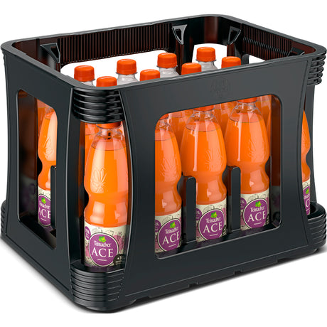 Ein schwarzer Kasten mit zwanzig 0,5-Liter-Flaschen Teinacher ACE Spritzig PET (MEHRWEG) von Teinacher Mineralwasser. Nährwertangaben sind auf jeder Flasche zu Ihrer Information angegeben.