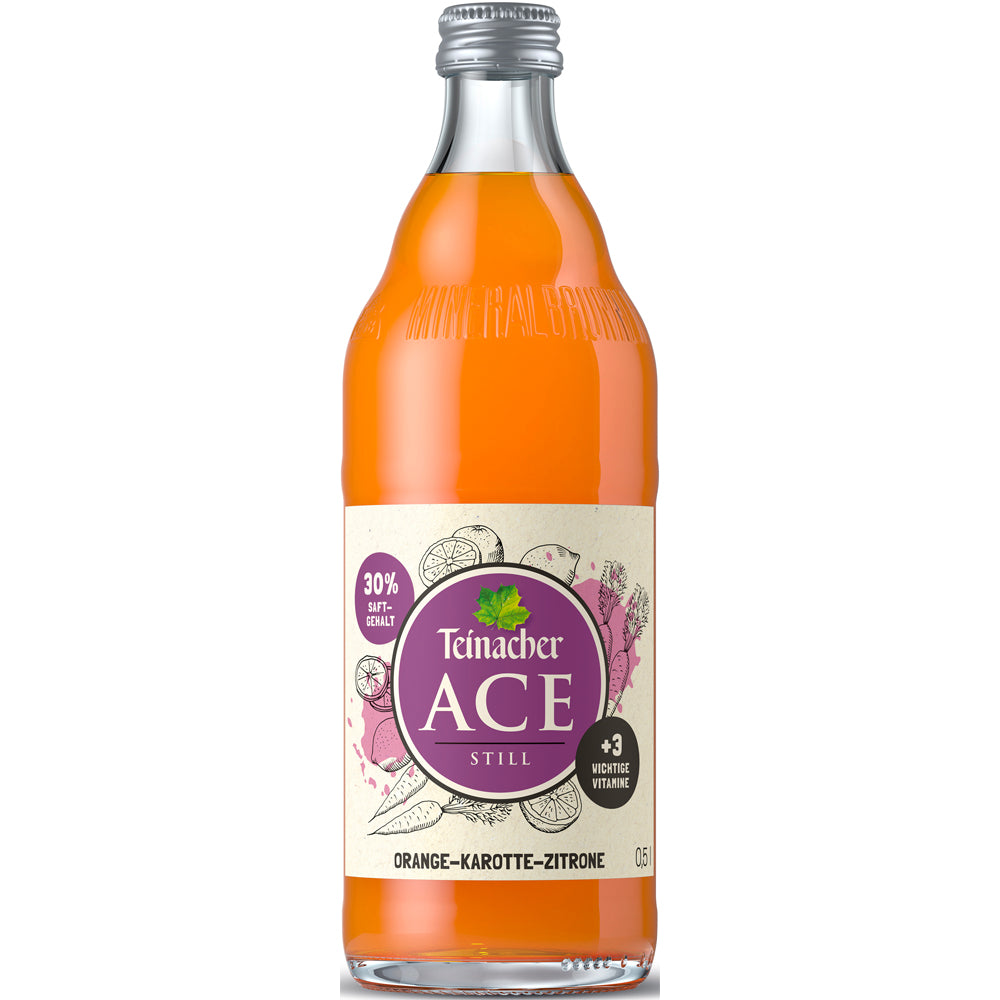 Teinacher Mineralwasser ACE Stiller Orangen-Karotten-Zitronen-Saft, Saftgehalt, in einer leuchtend orangefarbenen 0,5L Flasche aus dem Schwarzwald, erhältlich als 12x 0,5L Mehrweg-Pack.