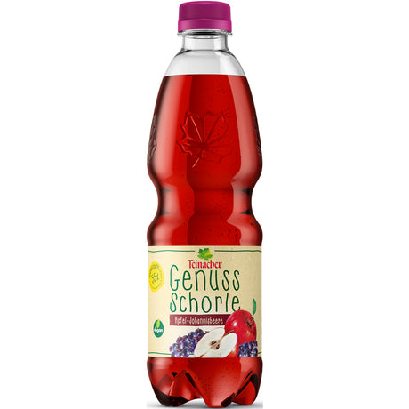 Eine Teinacher Apfel-Johannisbeerschorle PET 0,5L (EINWEG) Flasche von Teinacher Mineralwasser, die eine Mischung aus Apfel- und Johannisbeergeschmack mit erfrischendem Mineralwasser bietet.